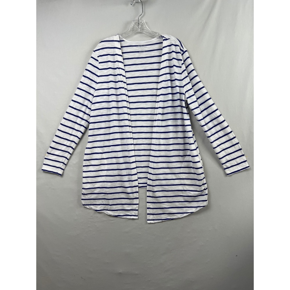 Chico's Cardigan Women 2 Large Blue White Striped Open Front Cotton Modal Slub